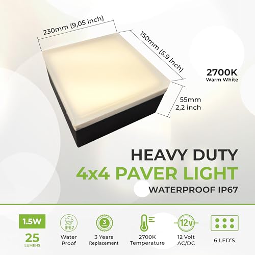 Image of LUMENGY Paver Light 4x4 Inch (3.93x3.93), 2700K Warm White, Glare-Free Brick Lighting for Driveways, Walkways, Pool Decks and Patios, 12V Hardwired, IP67 Waterproof, Drive-Over Rated
