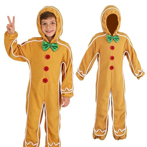 IROOZIGOTO Gingerbread Man Costume Kids Unisex Christmas Gingerbread Man Hooded One Piece Jumpsuit for Xmas Party Outfits