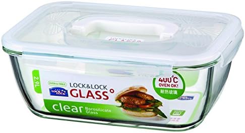 LOCK & LOCK GLASS,12.2 Cup, Borosilicate Glass, Oven Safe, BPA Free, 100% Airtight, Glass Rectangular Food Storage Container with Handle Lid