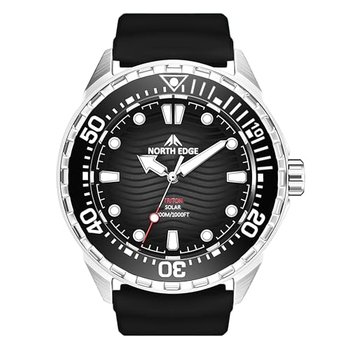 NORTH EDGE Solar Powered Dive Watch Women Men’s Watch, 1000FT/300M Water Resistance, Luminous Dial, Silicone Strap