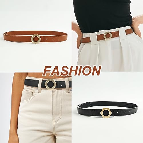 NPET Womens Leather Belt Skinny Waist Belt for Women Dresses Jeans Pants Fashion with Gold Buckle 2 Pack （Brown Black White）2