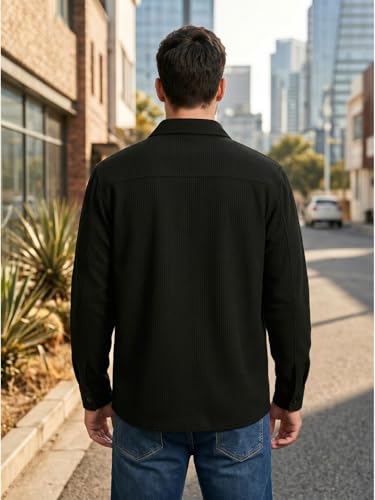 Image of DEELMO Men's Cotton Polyester Corduroy Shirt with Textured Pattern Spread Collar Full Sleeves Dual Pocket Front and Button Down Closure | Textured Shirts for Men | Shirts for Men Stylish