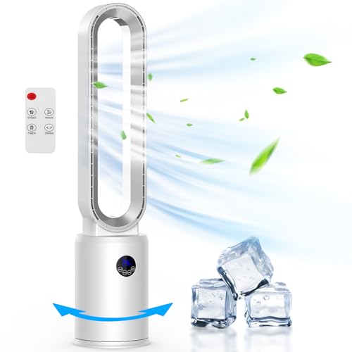 YAZEKY Ventilador de Torre sin Aspas,Ventilador de Pie Silencioso con Mando a Distancia,24 Velocidades,Oscilación 60°,Pantalla LED,Temporizador 12 H,Motor DC (Plata)