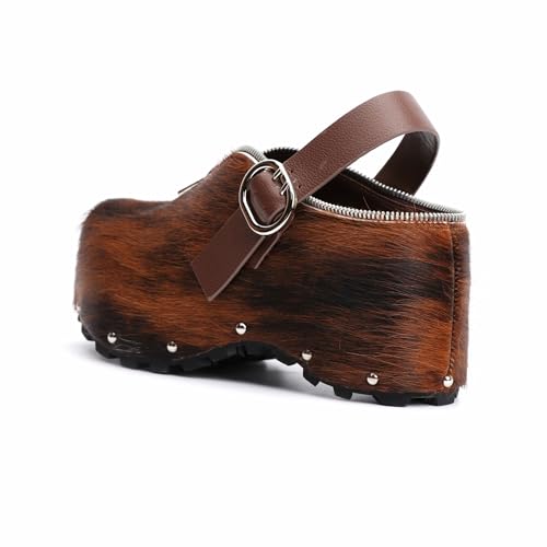 Image of XOBZJH Women's Natural Cow Print Fur Platform Clogs with Decorative Zipper & Adjustable Buckle Strap - Western Slip-On Punk Rivet Mules with Arch Support, Chunky Retro Rustic Style