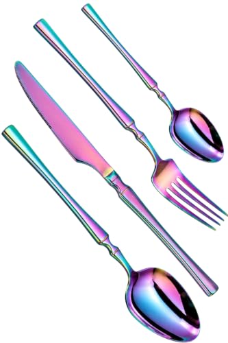 Image of Elegant Handle Rainbow 4 Pcs Stainless Steel Cutlery Set for Dining Table, Dishwasher Safe Glossy Flatware (1 Spoon Set+1 Forks Set+1 Butter Knife+1 Dessert Spoon)