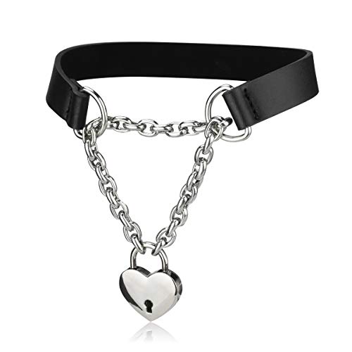 Goth Choker Necklaces for Women, Black Choker and Heart Padlock Day Collar with Key, Black PU Leather Choker Collar for Women2