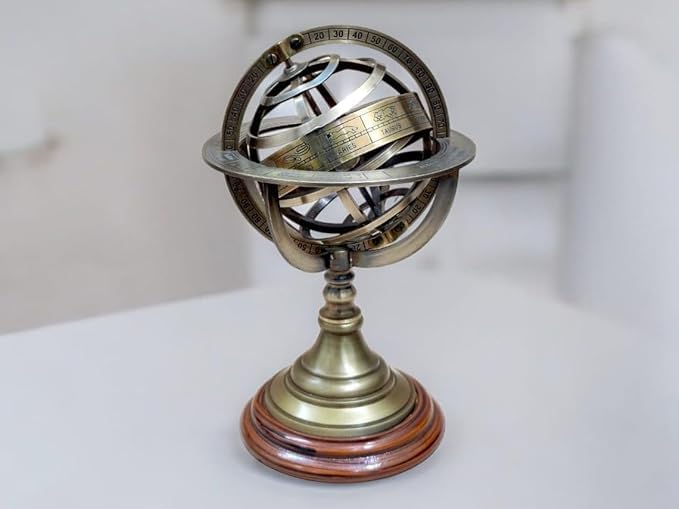 "Antique Brass Zodiac Armillary – 5'' Engraved Celestial Globe with Wooden Base | Nautical Decor"