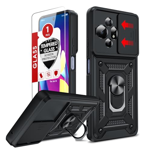 LeYi for TCL 50 XL-5G Phone Case: with Slide Camera Cover + Glass Screen Protector Military-Grade Cell Shockproof Unlocked Cell Cover with Metal Ring Magnetic Kickstand Funda para TCL 50 XL Black