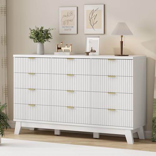 Image of Xixini Fluted Dresser for Bedroom with 12 Drawers, 57 inch Wide Modern Chest of Drawers with Metal Handle, Wooden Dresser TV Stand, Wood Closet Clothes Storage Organizer for Living Room, Hallway, White