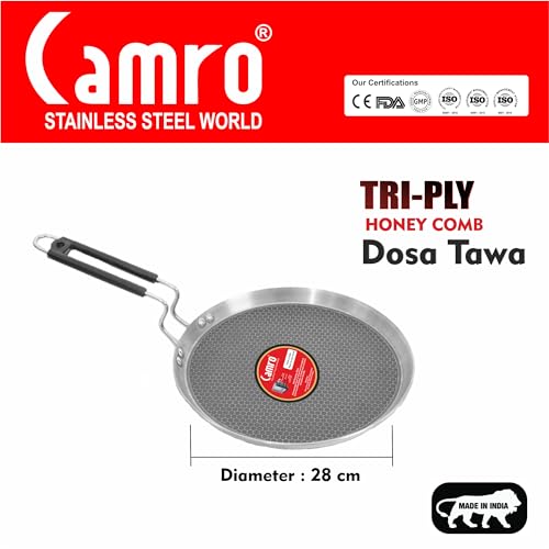 Image of Camro Tawa for Roti and Dosa | Triply Honeycomb Tawa 28cm | Induction Base Dosa Tava Non Stick | Perma-Cool Handles | Base & Induction Compatible | Metal Spoon Friendly | Sturdy Handles