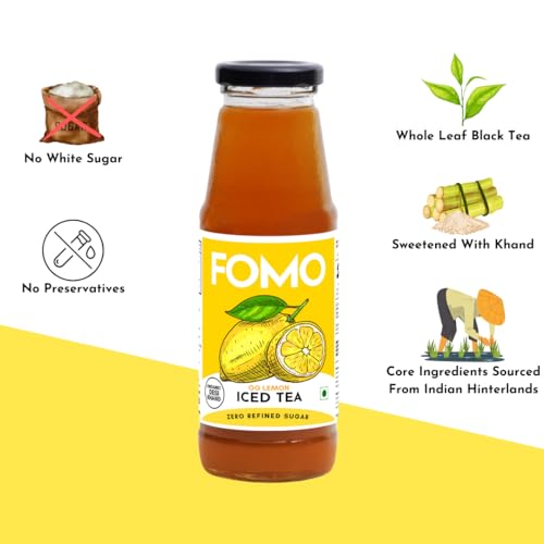 Image of FOMO Lemon Iced Tea 300 ml Pack of 8 | Ready-To-Drink | Zero Refined Sugar | Sweetened with Desi Khand | Freshly Brewed with Real Assam Black Tea | No Preservatives | As Seen on Shark Tank India