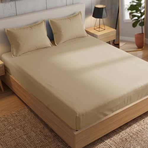Image of Story@Home 300 TC Cotton King Size Fitted Bedsheet, Beige, 182 x 198 cm