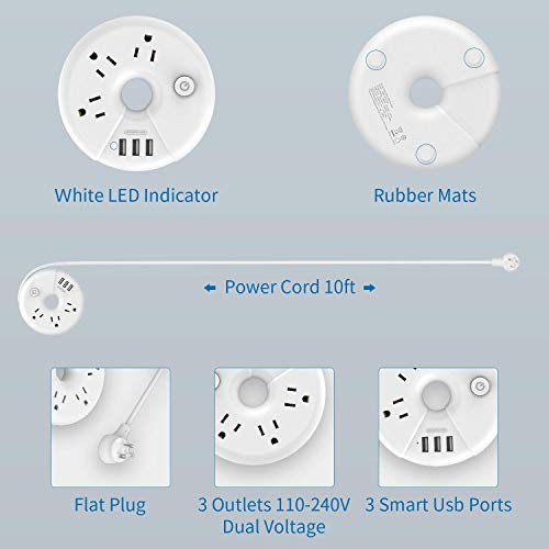 10Ft Long Extension Cord Power Strip With Usb, Ntonpower Travel Power Strip Flat Plug With 3 Outlets 3 Usb, Desktop Charging Station With Power Button, Compact For Home Office Nightstand, Etl Listed #TOP7
