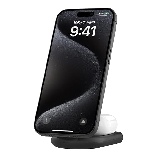 Image of Belkin MagSafe Qi2 Wireless Charger | 2-in-1 Magnetic Foldable 15W | Fast Charger for iPhone 16, 15, 14, 13, 12 | Charging Station with Non-Slip Base | PSU Included | Black
