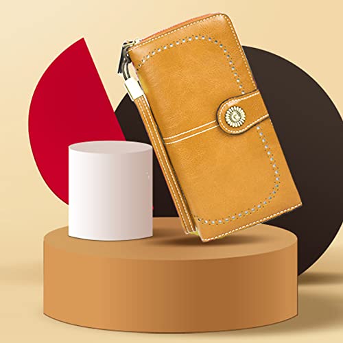 Mokoze Yellow Wallet For Women, Pu Leather Bifold Wallets With Wrist Strap And Zipper, Large Capacity Wallet For Hold Bank Credit Cards/Money/Cell Phones/Keys, Girlfriends Mother's Day Gifts #TOP6