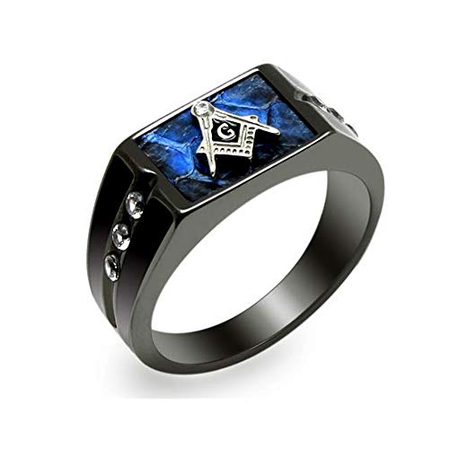 Eternal Sparkles Men's Masonic Lodge Freemason Signet Ring in Hypoallergenic Stainless Steel Ornate Statement Ring (Ocean Blue, 11)