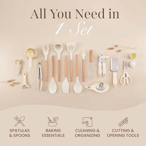 Kitchen Non Stick Cooking Utensils Set – Heat Resistant Silicone Utensils with Wooden Handle – Ladles, Spoons and Spatulas Set – Kitchen Tools & Accessories – 35pcs, Cream – by Nuovva - Image 5