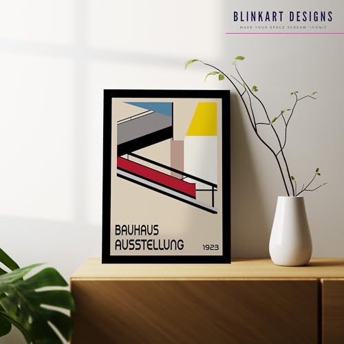 Image of BLINKART Vintage Bauhaus Retro Geometric Aesthetic Poster Gallery | Colorful Wrap Framed For Home Office Studio Living Room Modern Art Studio Decoration Abstract Shapes | (d150) | 13x10 Inch