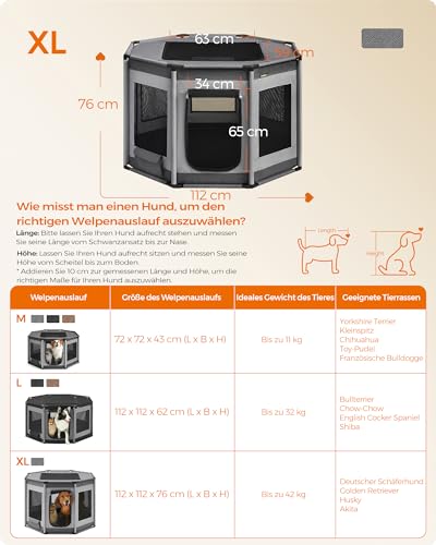 Feandrea Welpenauslauf Oxford-Gewebe, Welpenlaufstall achteckig, Hundekäfig XL, 112 x 112 x 76 cm, Rahmen aus PVC-Rohren, atmungsaktives Netz, mit Seitentasche, Taubengrau-schiefergrau PDC006G01