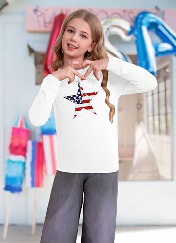 Image of Ithalt 4th of July Outfit Kids Girls American T Shirt USA T-Shirt Fourth of July Tops Patriotic Long Sleeve Tops