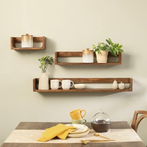 Image of Ellementry Still Life Wall Shelf Set of 3 Mango Wood Walnut Finish | Decorative Floating Shelves, For Living Room & Bedroom