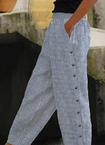 Women's Chic Blue Stripes Print Casual Pants Wide-Leg with Side Pockets Trousers Spring and Summer Loose Outfits3