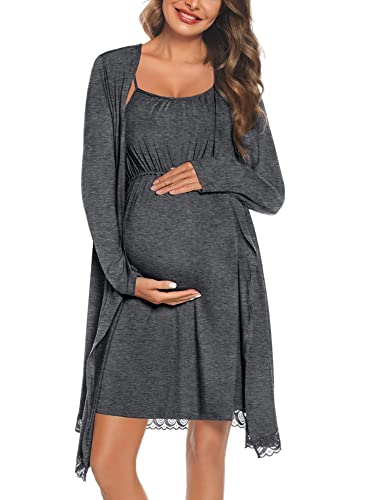 Image of SWOMOG Womens Maternity Robe 2 Piece Nursing Nightgown and Robe Set 3 in 1 Hospital Breastfeeding Bathrobe with Pockets