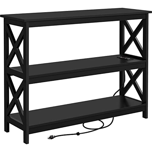 Topeakmart Mesa consola con 2 enchufes y 2 puertos USB, mesa de entrada de 3 capas con marco de madera y diseño en forma de X, mesa de sofá estrecha larga para sala de estar/pasillo/dormitorio, color