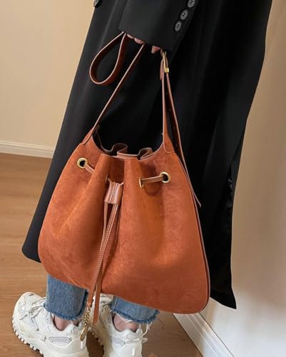 Trendy Drawstring Hobo Shoulder Bag Retro Suede Bucket Purse Causal Travel College Crossbody Bag with Adjustable Strap 20242