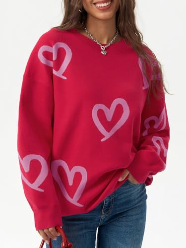 Saodimallsu Womens Oversized Heart Sweater Crew Neck Long Sleeve Knit Cute Valentines Pullover Sweaters2