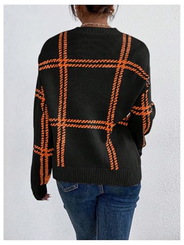 Image of MakeMeChic Women's Drop Shoulder Plaid Pattern Sweater Long Sleeve Round Neck Tops Casual Loose Pullovers Tops Black X-Small