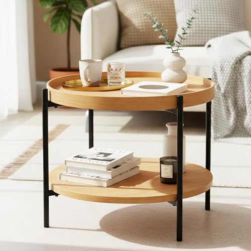 CLP Couchtisch rund Holz Corbitan, Sofatisch 2 Ebenen mit Stauraum, Beistelltisch klein Metallgestell schwarz, Farbe:Natur, Größe:Ø 50 cm CLP Couchtisch rund Holz Corbitan, Sofatisch 2 Ebenen mit Stauraum, Beistelltisch klein Metallgestell schwarz, Farbe:Natur, Größe:Ø 50 cm