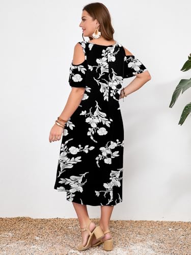 Image of LARACE Plus Size Women Dress for Summer, Midi Women's Sundress, Casual V-Neck Short Sleeve Flowy T-Shirt Dresses with Pockets