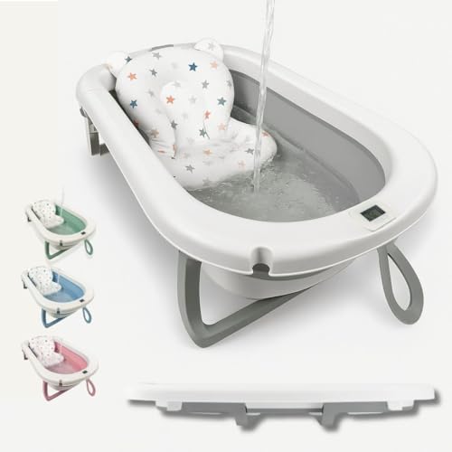 Bañera Bebé Plegable Portatil con Termómetro Integrado, Diseño Ergonómico, Cojín Antideslizante y Tapa de Seguridad (Gris pastel)