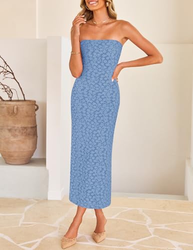 Image of ZESICA Women's 2026 Summer Floral Strapless Bodycon Midi Dress Off Shoulder Beach Formal Cocktail Wedding Guest Long Dresses