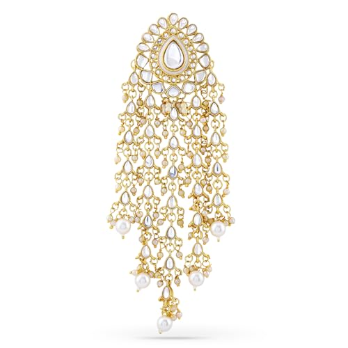 Rubans 18K Gold-Plated Kundan & Pearl Beads Studded Teardrop Motif Multilayer Hair Accessory for Women & Girls