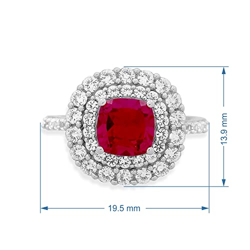 Jewelili Sterling Silver 7x7 MM Cushion Created Ruby and Round Created White Sapphire Halo Ring, Size 63