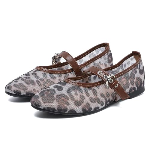 Hee grand Mesh Flats for Women Round Toe Width Mary Jane Flats Crystal Rhinestone Studded Ballerina Shoes