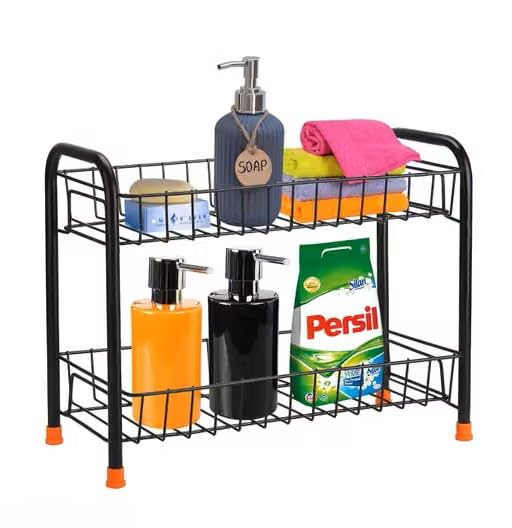 JEEL 2-Tier Wire Rack Organiser, Black Metal Storage Shelf | Kitchen & Bathroom Use, Non-Slip Feet, Open Wire Basket, Countertop Stand, Freestanding Design-image-38