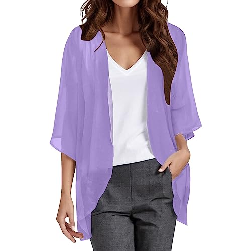 Women Chiffon Kimono Cardigan,Dressy 3/4 Sleeve Chiffon Open Front Lightweight Summer Blouse Tops,Sheer Beach Cover Up