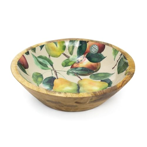 Carousel Home Large Mango Wood Bowl with Enamel Apples & Pears Design | Rustic Wooden Fruit Bowl & Decorative Serving Dish for Kitchen or Table - 24cm