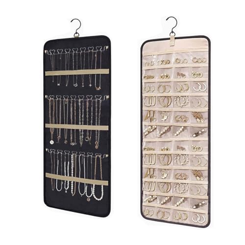 SNBBGT 48 Pocket Oxford Fabric Double Sided Hanging Rotating Jewelry Organizer with Hanger Hooks for...