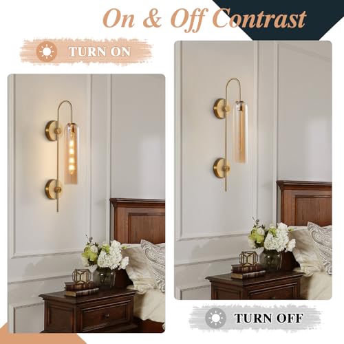Image of BOKT 1 Light Modern Amber Glass Wall Sconce 31 inch Mid Century Brushed Brass Tube Wall Sconces Lighting Gold Wall Mounted Light Fixture Indoor Bathroom Vanity Wall Lamp for Bedroom Living Room (Amber)