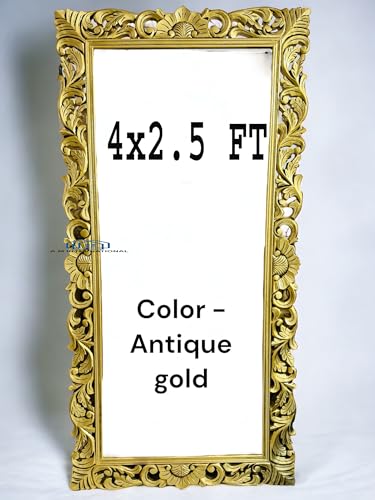 Image of Rectangular Wooden Mirror Frame for Wall Decoration | Wall Mount Frame for Bedroom & Living Room | Solid Mango Wood | Antique Gold Finish | 4 x 2.5 Feet | Mirror Not Included