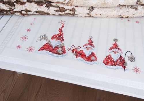 Image of Vervaco Embroidery Christmas Embroidery Kits Cross Stitch Table Runner DIY Set, Tablecloth to Embroider with Image on Cotton and Embroidery Thread, 16 x 40 Inches, Three Christmas Gnomes