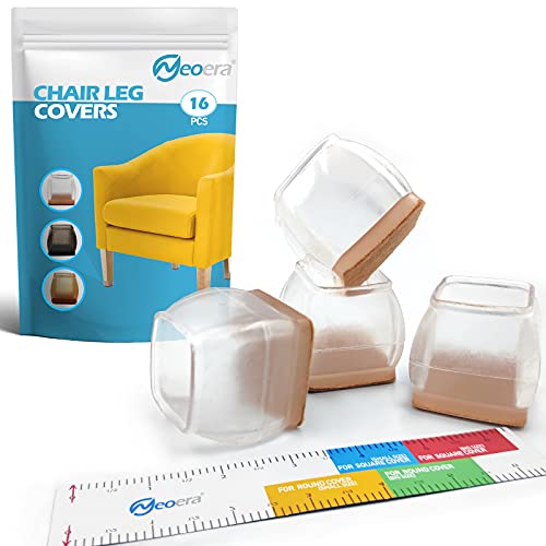 Neoera Chair Leg Covers to Protect Floors (Square Large Clear) with Felt Transparency Silicone Furniture Legs Protector Pads, Stool Leg caps to Prevent Hardwood Floor Scratches and Reduce Noise 16pcs