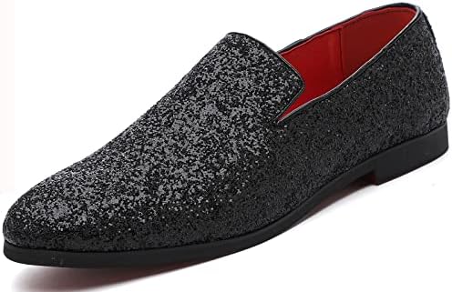 Haza Pairs Mens Smoking Sparkling Slipper Metallic Sequins Textured Glitter Tuxedo Slip-on Prom Loafers Luxury Wedding Dress Shoes