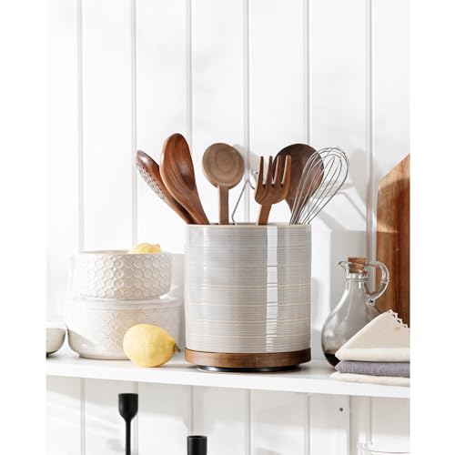 Image of Utensil Holder, 360 Rotating Extra Large Ceramic Kitchen Utensil Holder for Countertop, 7.3 inch Cooking Utensil Crocks for Kitchen Counter with Rotatable Wooden Base, Farmhouse Decor, Grey