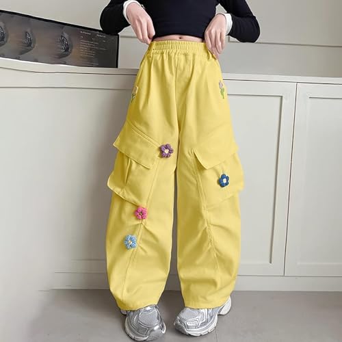 Girls Baggy Cargo Sweatpants Wide Leg Elastic Waist Loose Y2K Pink Cute Joggers Dance Workout (Yellow, 13-14 Years)2