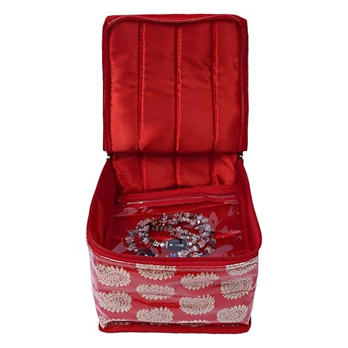 Kuber Industries Brocade Jewellery Box/Organizer with 10 Pouch - Red -CTKTC021464